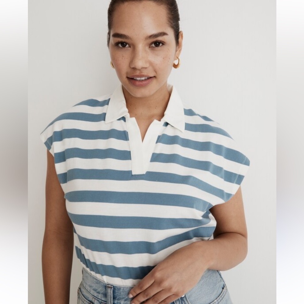 Madewell Relaxed Polo Tee Striped Blue and White Size XXL - Picture 2 of 10